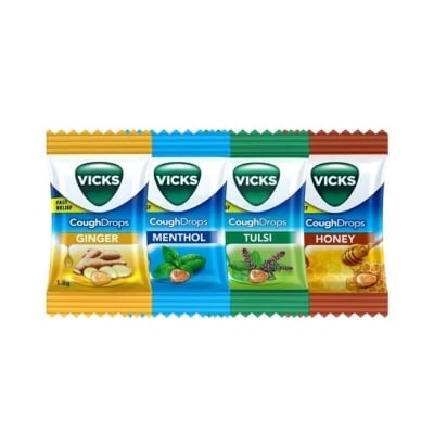 Picture of Vicks Cough Drops 2.7g x 65 Mix Packs / 1.8gm 125 Mix Packs - Ginger, Menthol, Tulsi & Honey Flavor