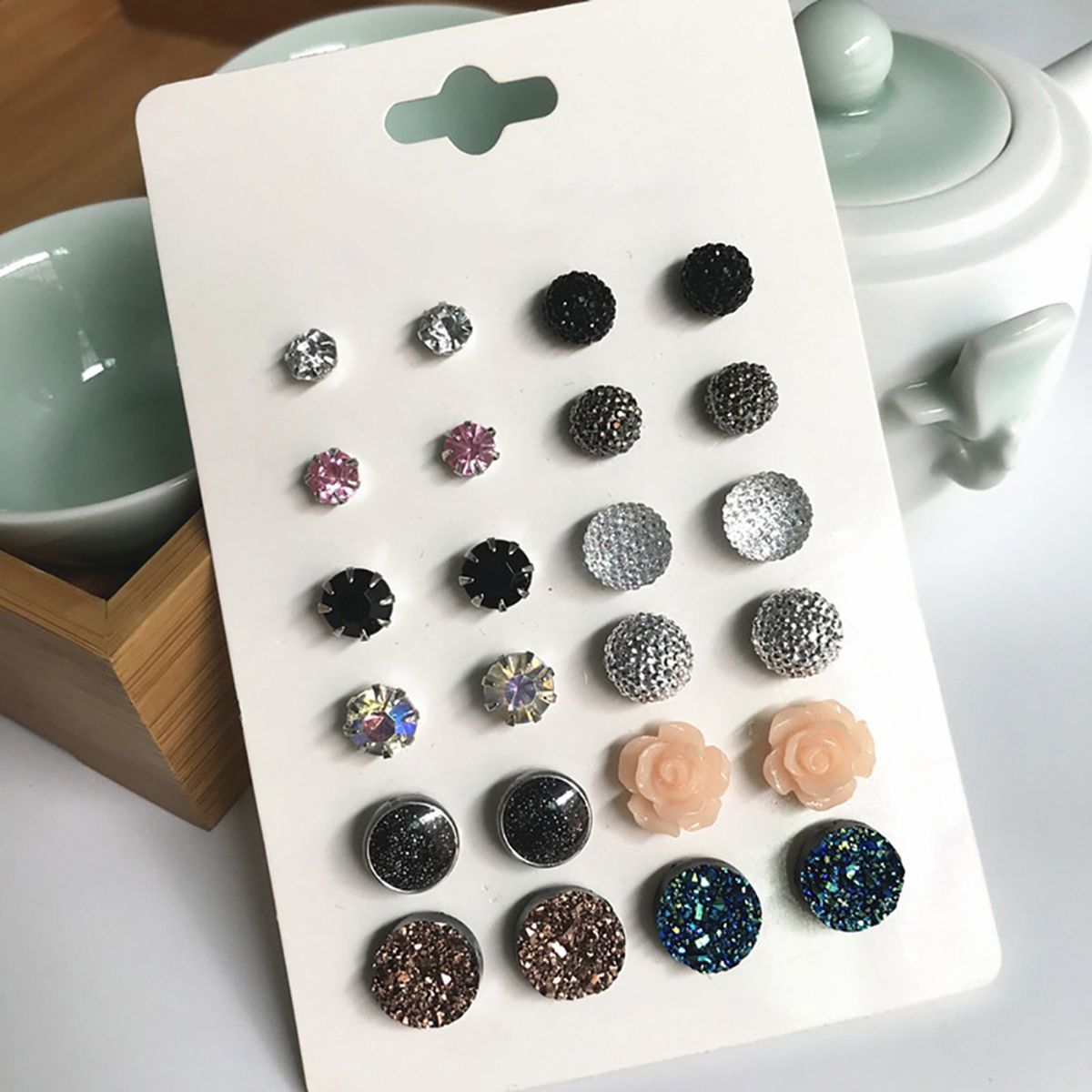Picture of 12 Pairs New Fashion Assorted Crystal Druzy Resin Stone Round Earrings Set