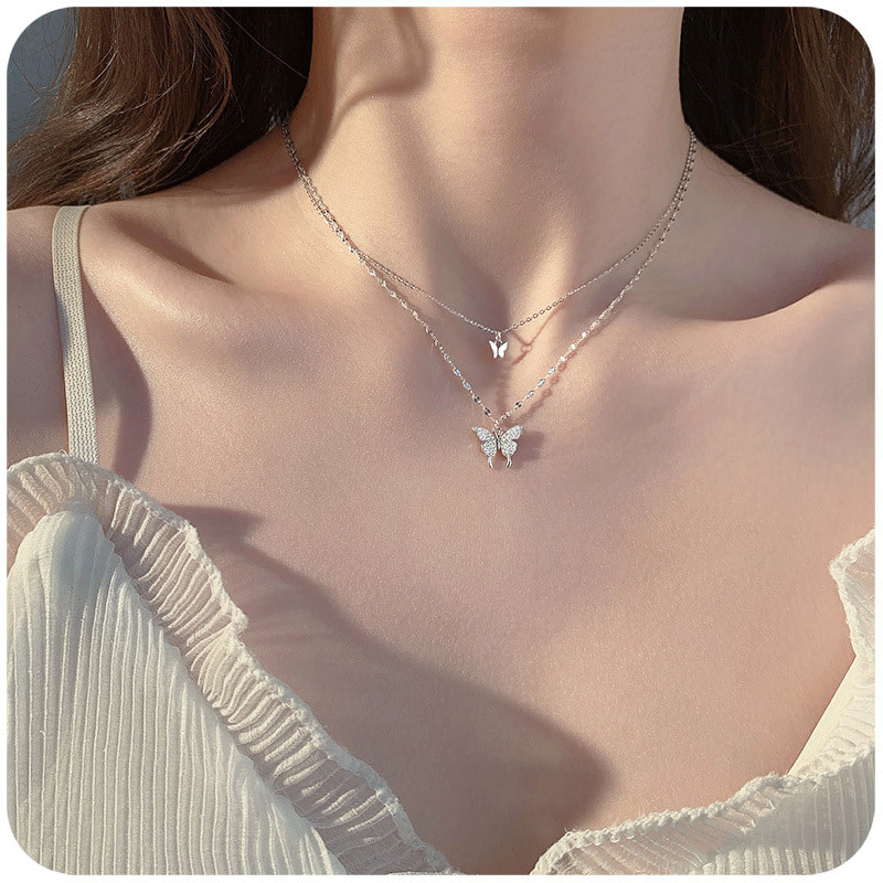 Picture of Understated -Craftsmanship and Trendy -Women Double Layer Pendant Clavicle Chain Silver Butterfly Necklace Choker Chain- Progressively Better