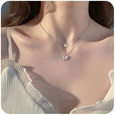 Picture of Understated -Craftsmanship and Trendy -Women Double Layer Pendant Clavicle Chain Silver Butterfly Necklace Choker Chain- Progressively Better