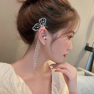 Picture of New Fashion Long Butterfly Clip Earrings Long Stud Earrings Ear Hook Ear Clips No Ears Pierced Chain