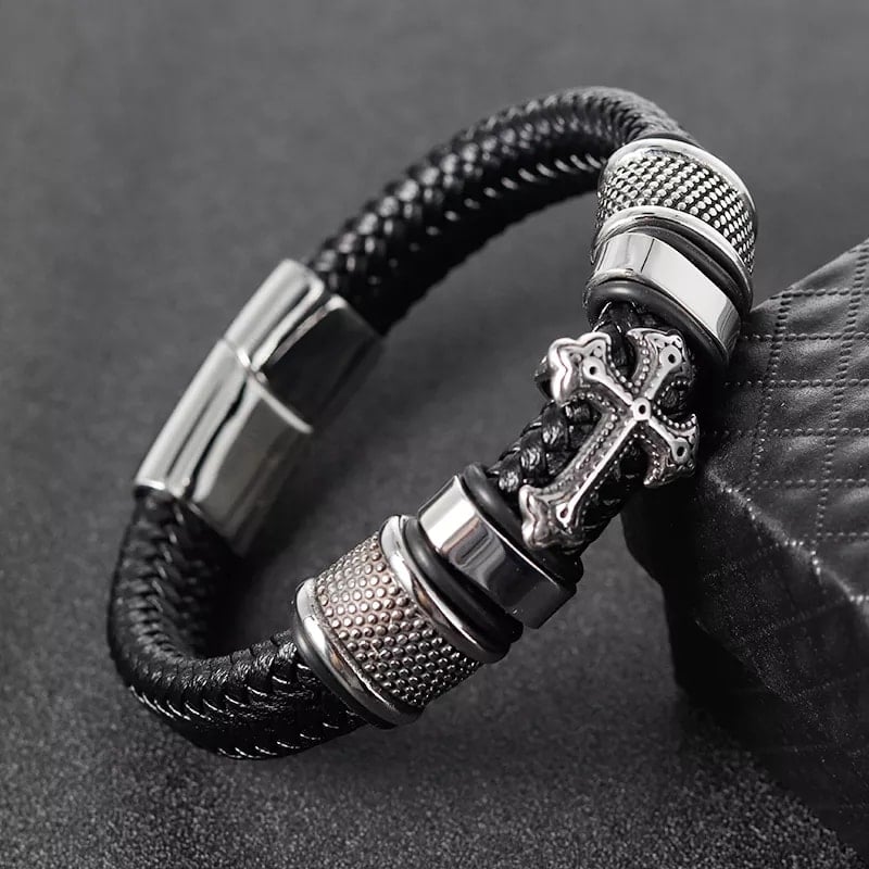 Picture of Versatile -Cross Bracelet High Quality Male Jewelry Bracelet Leather Rope Chain Stainless Steel Magnetic Clasp WristBand- Avant-garde