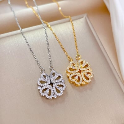 Picture of Sterling Silver Necklace White Plated Korean Fashion Cute Heart Shaped  Magnet Necklace For Girls