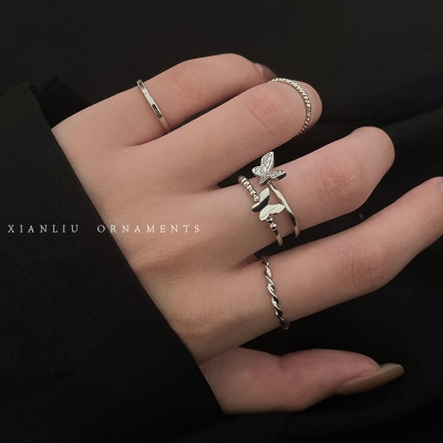 Picture of Korean style butterfly matte set for women silver ring