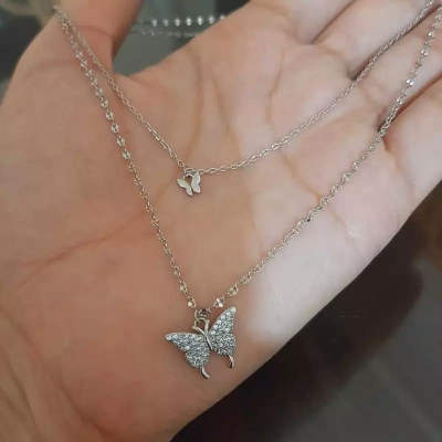 Picture of Trendy Fashionable Double Layer Butterfly Pendant Necklace for women New Collection/ Chain Choker Necklaces for Girls Simple Stylish