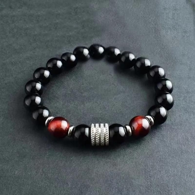 Picture of Men's Fashionable Stainless Steel Eye Tiger Beaded Bracelet With Black Luster Stone Bracelet for Men
