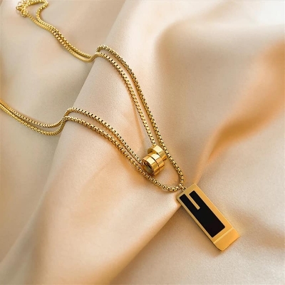 Picture of Golden Black Stacked double layer black square necklace with three circle links chain for men