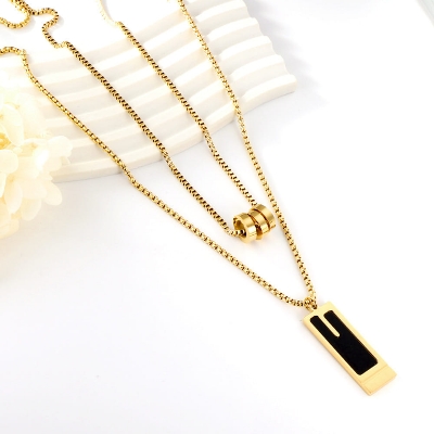 Picture of Golden Black Stacked double layer black square necklace with three circle links chain for men