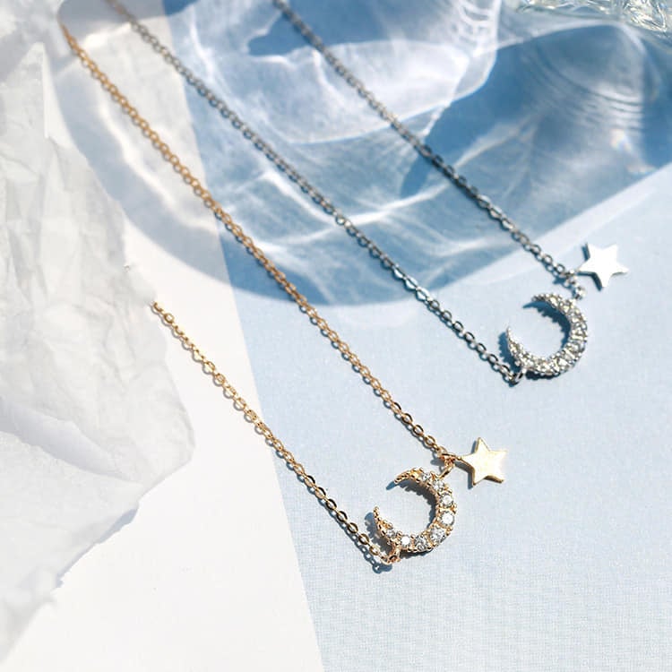 Picture of New Sterling Silver Golden CZ Moon Star Chain Necklace for Women