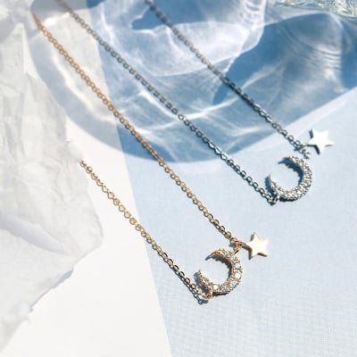 Picture of New Sterling Silver Golden CZ Moon Star Chain Necklace for Women