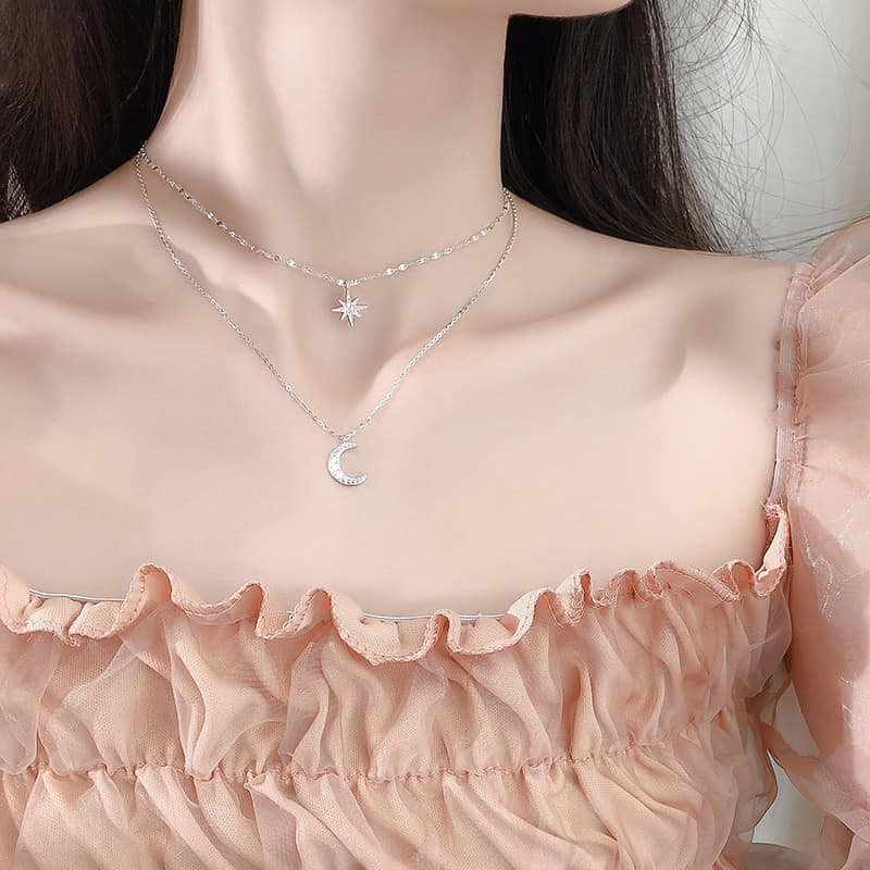 Picture of Simple Double Layer Star Moon Charm Multilayered Necklace  Chain For Women