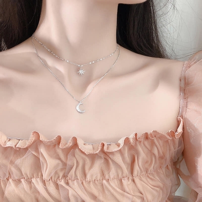 Picture of Simple Double Layer Star Moon Charm Multilayered Necklace  Chain For Women