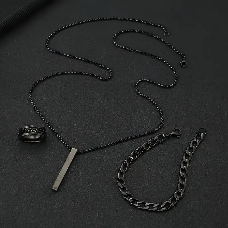 Picture of 3-Piece Mens Stainless Steel Glamour - Fashionable Pendant Necklace Bracelet & Ring Set for Men