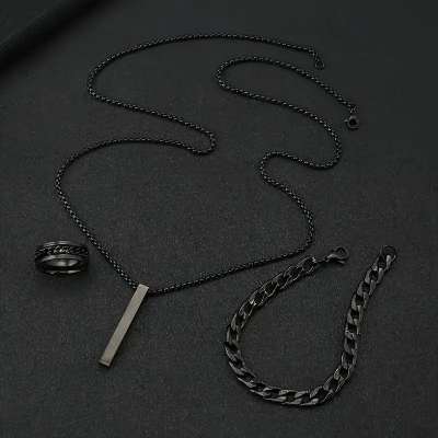 Picture of 3-Piece Mens Stainless Steel Glamour - Fashionable Pendant Necklace Bracelet & Ring Set for Men