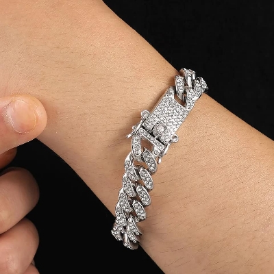 Picture of New style Men Cuban Link Chain Bracelet Shiny Rhinestone Diamonds Choker Jewelry Gifts for Men Women