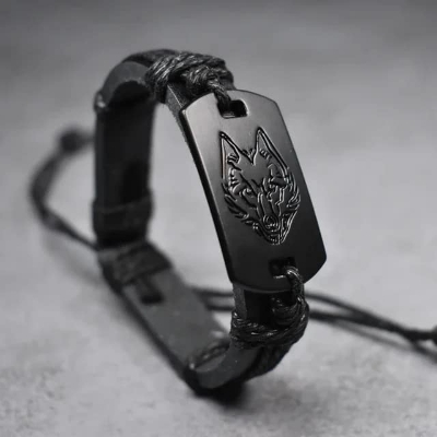 Picture of Mens Leather Wolf Head Woven Bracelet Wristband For Men Black