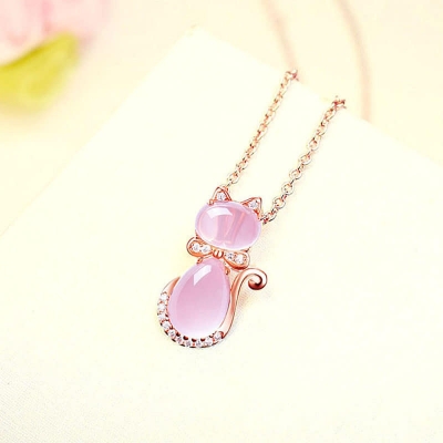 Picture of New Shiny Pink  Stone Crystal Cat Shape Chain For Women