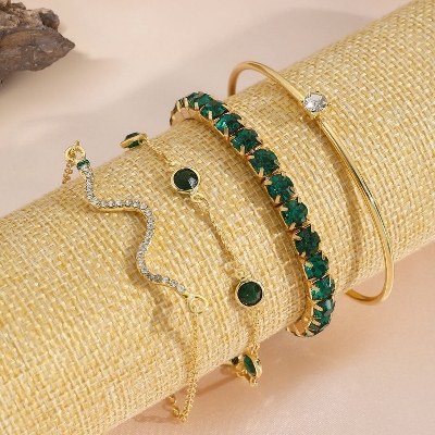 Picture of 4Pcs/Set Butterfly Leaf Charm Rhinestone Inlaid Women Bangle Bracelet From