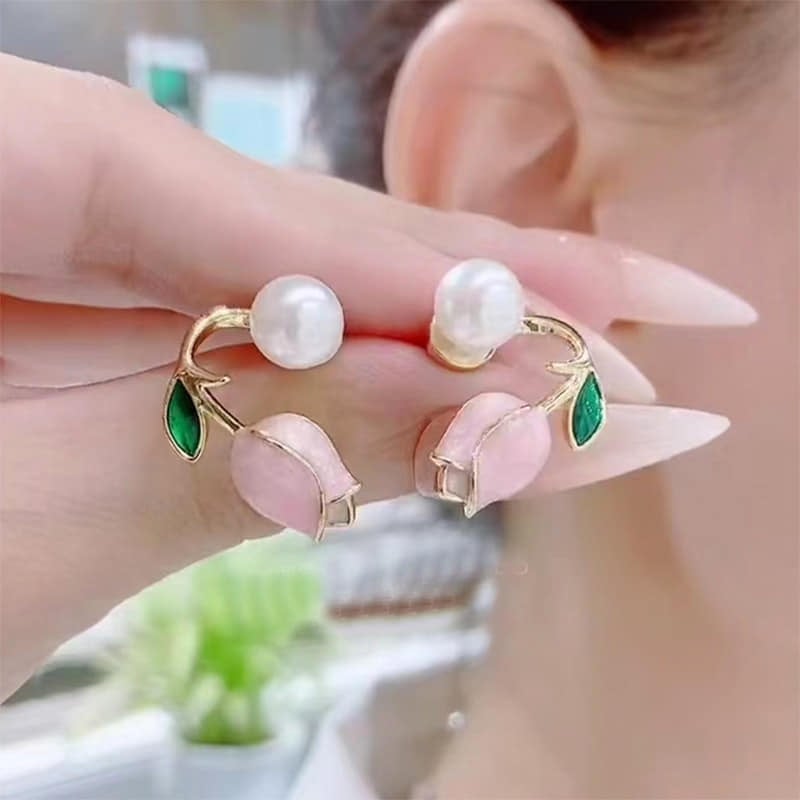 Picture of Luxury Pink Tulip Pearl Studs Earrings Elegant Gold Plated Zircon Flower Earring for Woman