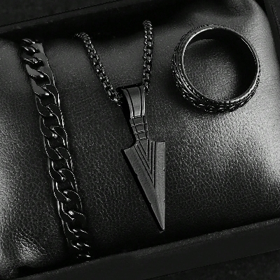 Picture of Warrior Spirit Arrowhead Pendant Necklace & Chain Bracelet Stainless Steel Jewelry Set for Men