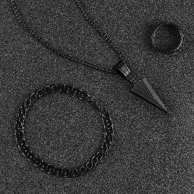 Picture of Warrior Spirit Arrowhead Pendant Necklace & Chain Bracelet Stainless Steel Jewelry Set for Men