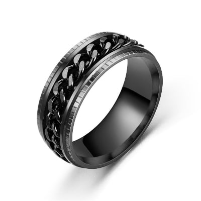 Picture of WAINIS 3 Pcs Mens Stainless Steel Black Signet Biker Rings for Men Fidget Chain Ring Cuban Link Band Ring Set Size 9