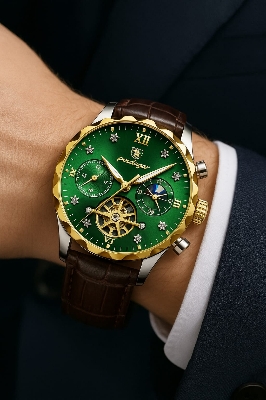 Picture of Luxury Poedagar Green Sunray Dial Watch with Day and Date Display