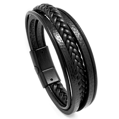 Picture of Stainless Steel Leather Bracelet Men Wrist Band Black Link Punk Stylish Gift