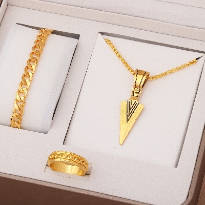 Picture of 3pcs Trendy Stainless Steel Square Pendant Chain+Bracelet +Ring for Men - Sleek & Classic Design