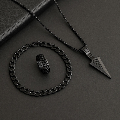 Picture of 3pcs Trendy Stainless Steel Square Pendant Chain+Bracelet +Ring for Men - Sleek & Classic Design
