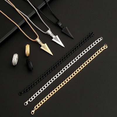 Picture of 3pcs Trendy Stainless Steel Square Pendant Chain+Bracelet +Ring for Men - Sleek & Classic Design