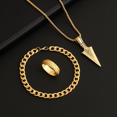 Picture of 3pcs Trendy Stainless Steel Square Pendant Chain+Bracelet +Ring for Men - Sleek & Classic Design