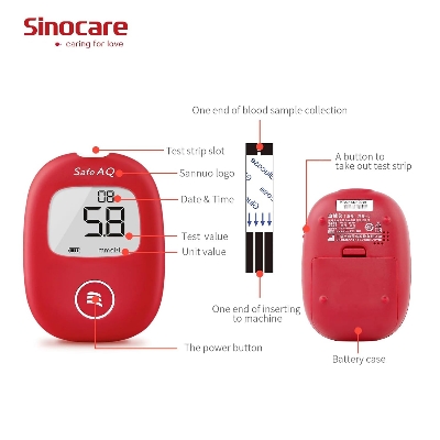 Picture of SINOCARE SAFE AQ SMART Blood Glucose Monitor/Machine | With 25 Strips and Lancets, One Lancet Device | No Coding, Measurements of Blood Sugar/Diabetes levels are fast, accurate and reliable - Chili Red