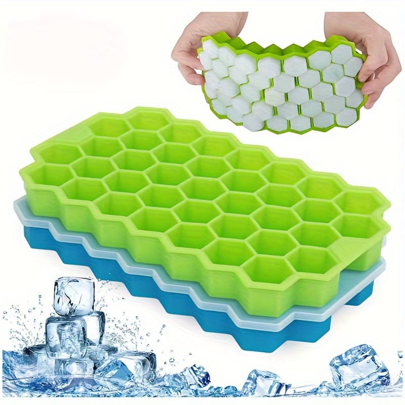 Picture of 37 Cavities Honeycomb Shaped Stackable Durable Dishwasher Safe Silicone Ice Cube Tray Mold Maker With Lid