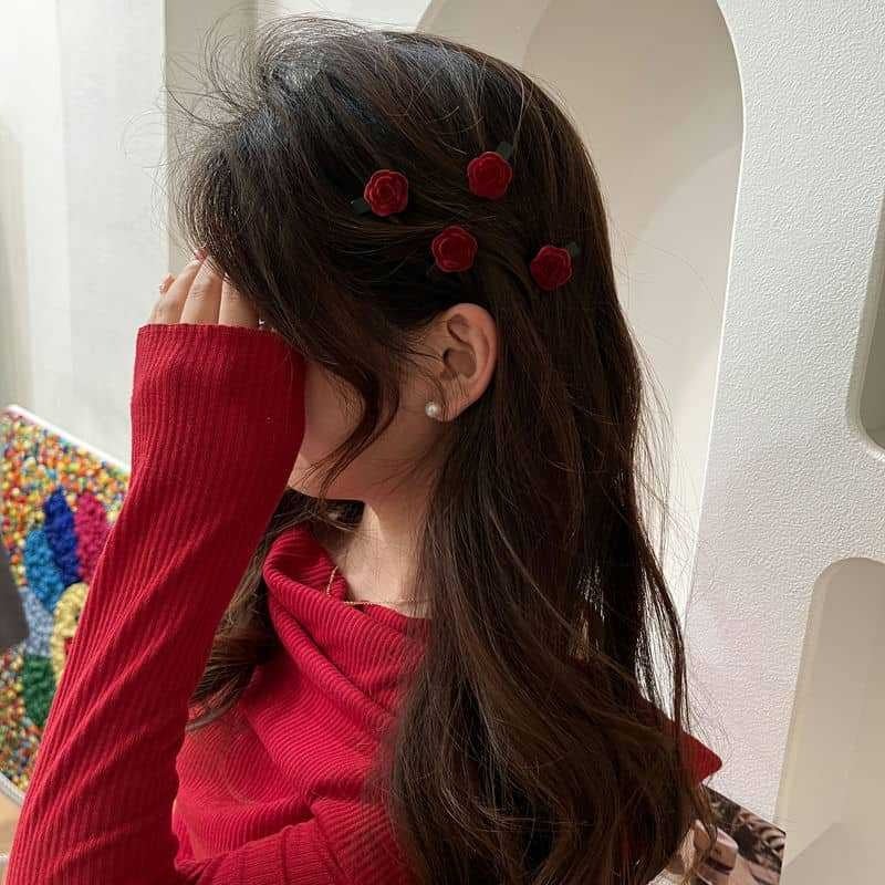 Picture of Mini Rose Hair Clip for Women Girls, Red Flower Hair Barrettes Headpiece Hair Vintage Hair Pins for Bridal