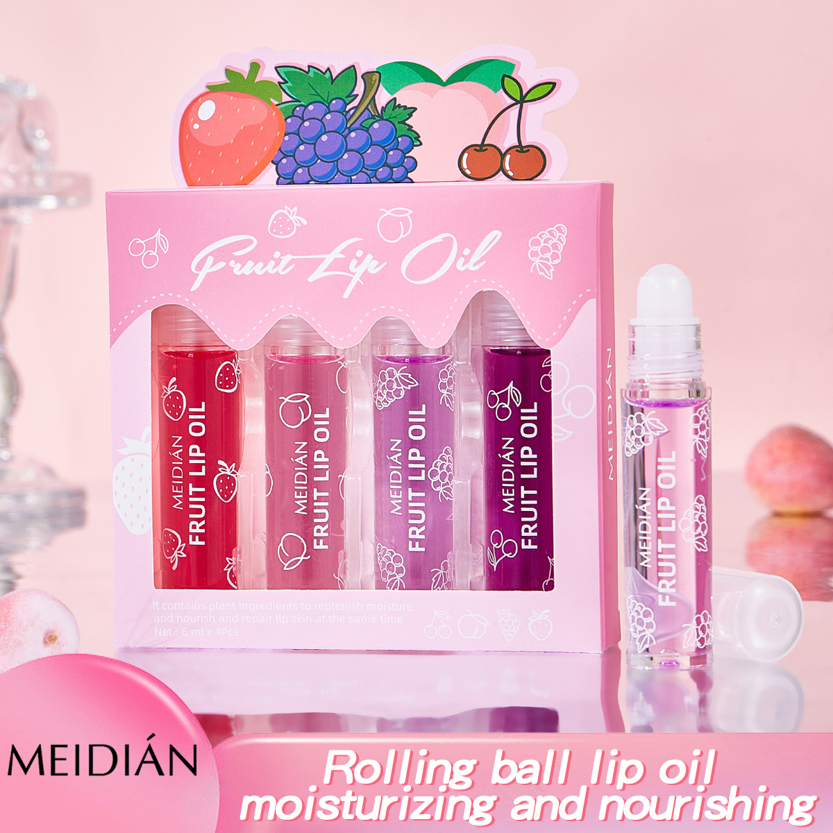Picture of Dragon Ranee 4 Pcs Fruit Lip Oil Set Lip Gloss Crystal Jelly Liquid Lipstick Set