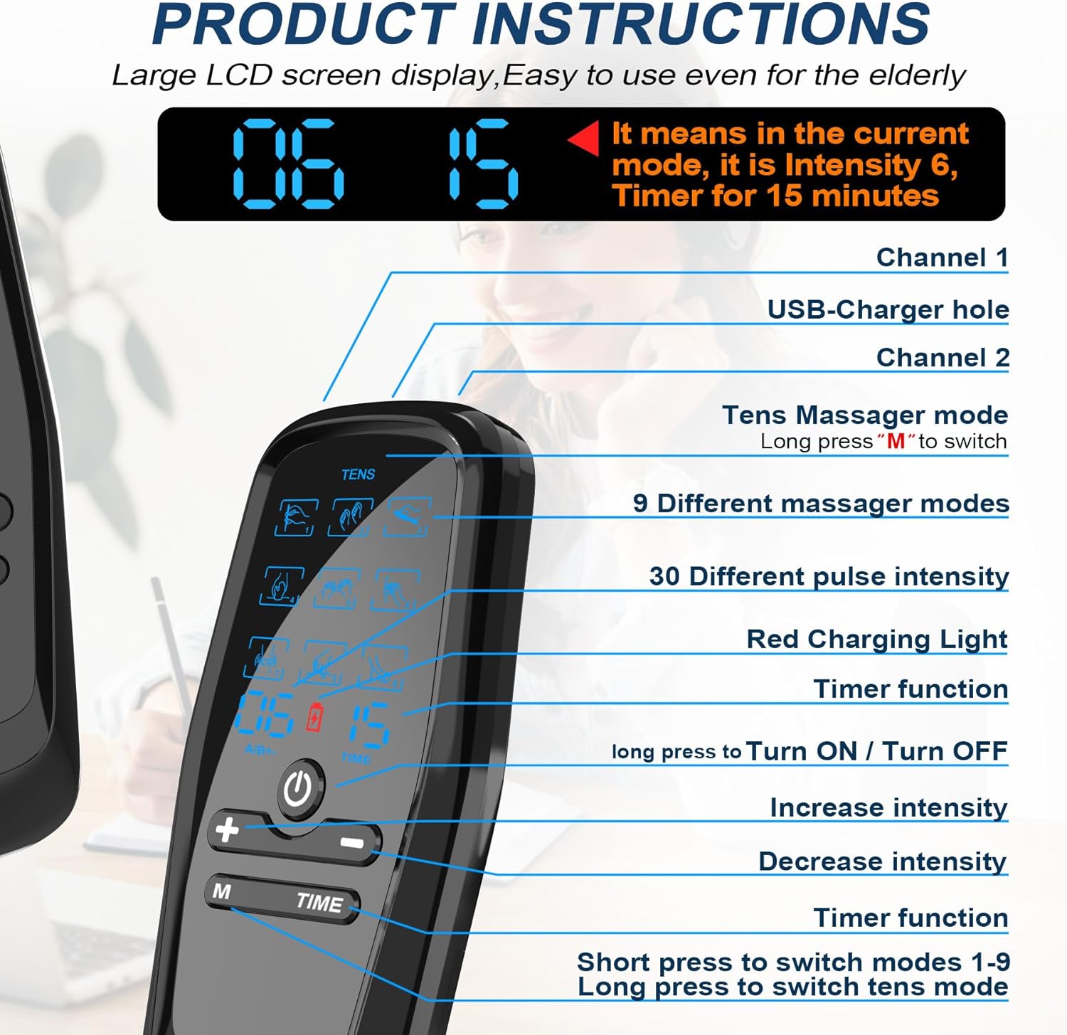 Picture of Dual Channel TENS Unit for Pain Relief Rechargeable Electronic Pluse Muscle Stimulator Massager Low-Frequency Multi-Function Physiotherapy Instrument with 10pcs Electrode Pads - Black