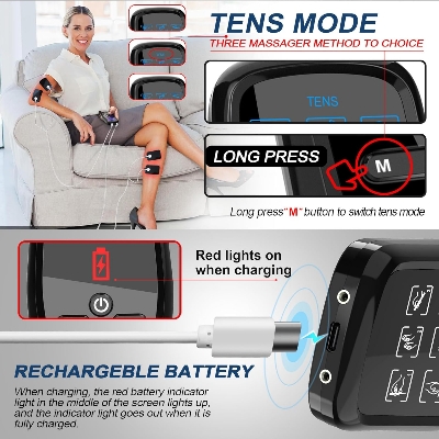 Picture of Dual Channel TENS Unit for Pain Relief Rechargeable Electronic Pluse Muscle Stimulator Massager Low-Frequency Multi-Function Physiotherapy Instrument with 10pcs Electrode Pads - Black
