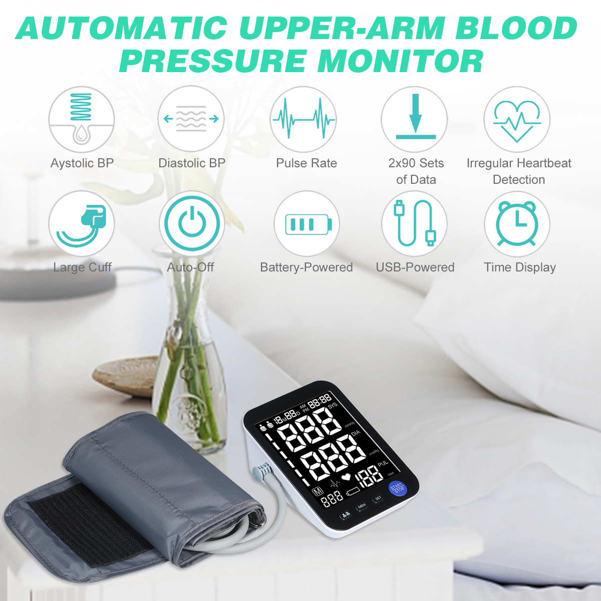 Picture of BSMI Blood Pressure Monitor Upper Arm Automatic Tonometer Digital BP Machine Heart Rate Pulse Monitor with Large Cuff for Medical - Black