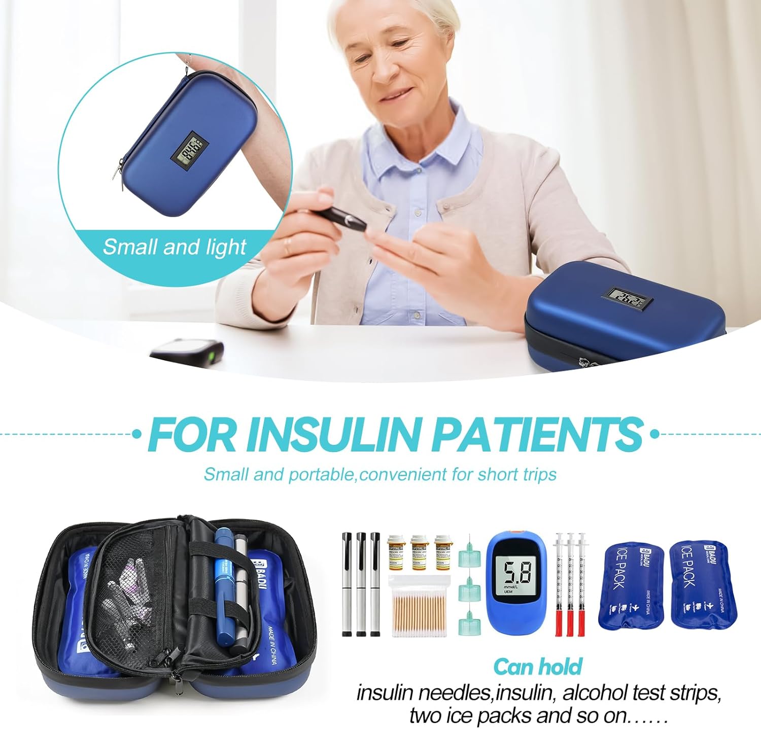 Picture of Insulin Cooler Case, 24-Hour Refrigerated Medicine Cooler for Travel with Thermometer Temperature Display - TSA Approved - Medicine Organizer Bag Includes 2 Ice Packs for Daily Life Trip - Blue