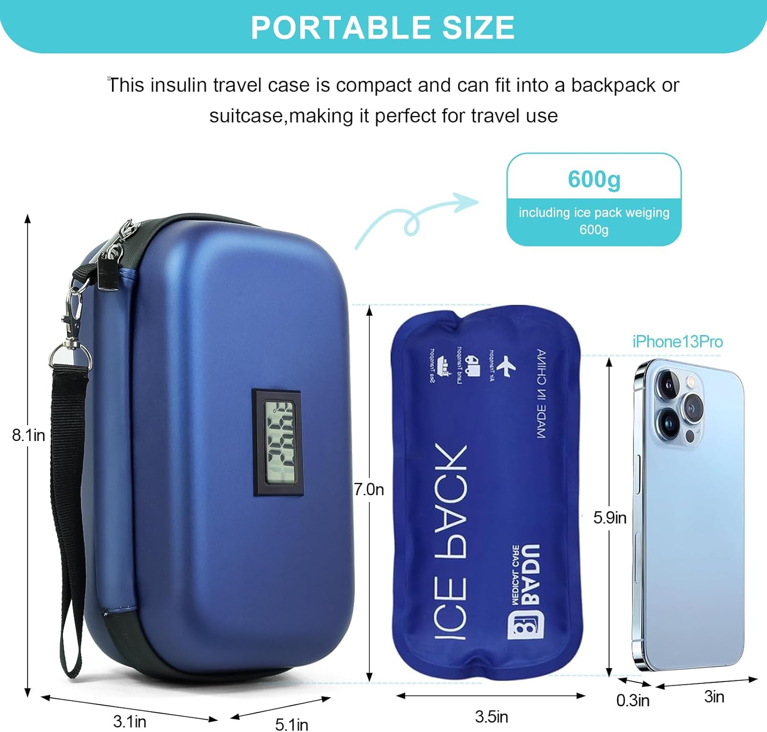 Picture of Insulin Cooler Case, 24-Hour Refrigerated Medicine Cooler for Travel with Thermometer Temperature Display - TSA Approved - Medicine Organizer Bag Includes 2 Ice Packs for Daily Life Trip - Blue