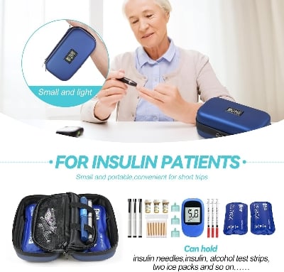 Picture of Insulin Cooler Travel Case TSA Approved Refrigerated Medicine Cooler for Travel w/Thermometer Temperature Display Diabetic Travel Case Bag w/2 Reusable Ice Packs for Daily Life Trip, Blue - Blue