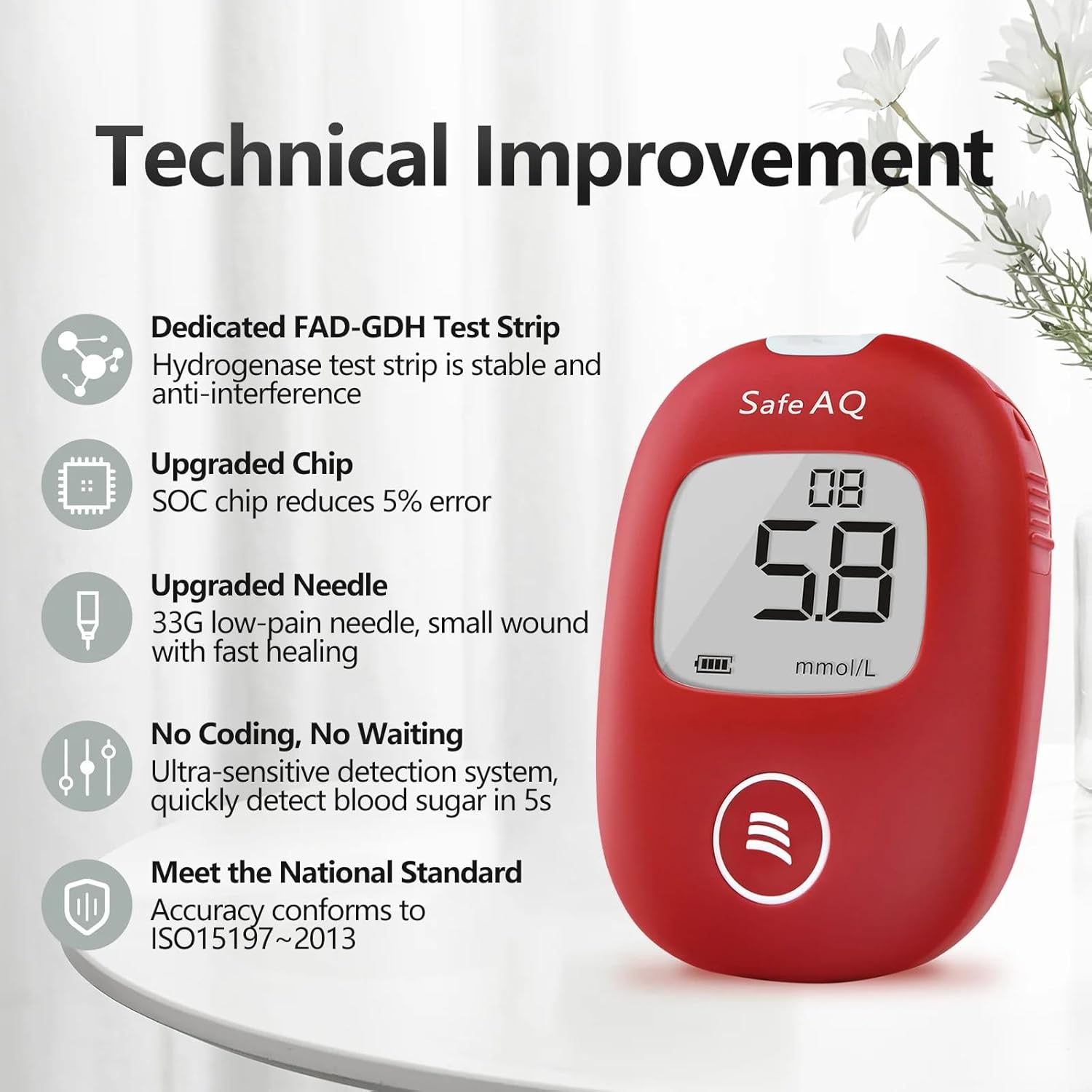 Picture of SINOCARE SAFE AQ SMART Blood Glucose Monitor/Machine | With 25 Strips and Lancets, One Lancet Device | No Coding, Measurements of Blood Sugar/Diabetes levels are fast, accurate and reliable - Chili Red