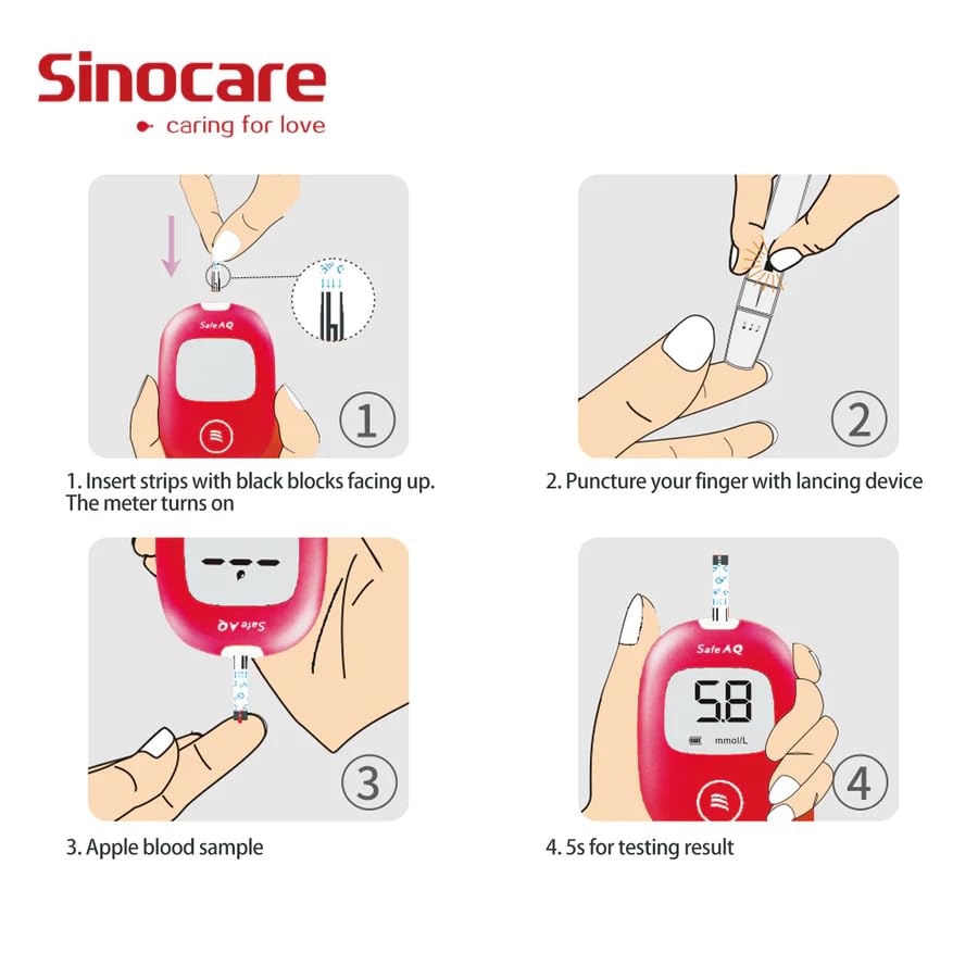 Picture of SINOCARE SAFE AQ SMART Blood Glucose Monitor/Machine | With 25 Strips and Lancets, One Lancet Device | No Coding, Measurements of Blood Sugar/Diabetes levels are fast, accurate and reliable - Chili Red