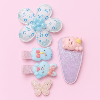 Picture of 6 Pcs /Set Girl Cute Cartoon Chiffon Bow Hairpins Kids Sweet Hair Clips Sequins Tassel Netting Yarn Barrettes Hair Accessories - Pink