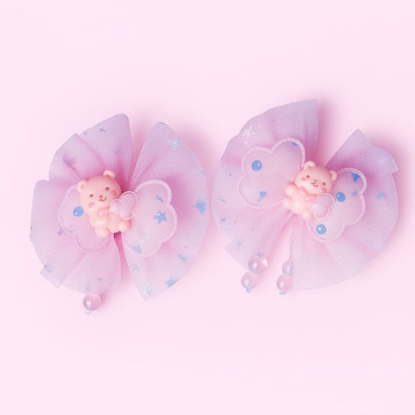 Picture of 6 Pcs /Set Girl Cute Cartoon Chiffon Bow Hairpins Kids Sweet Hair Clips Sequins Tassel Netting Yarn Barrettes Hair Accessories - Pink