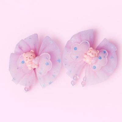Picture of 6 Pcs /Set Girl Cute Cartoon Chiffon Bow Hairpins Kids Sweet Hair Clips Sequins Tassel Netting Yarn Barrettes Hair Accessories - Pink