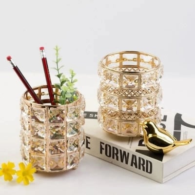 Picture of Crystal Stone and metal body 5 Inches Long Pen / Brush Holder. - Gold