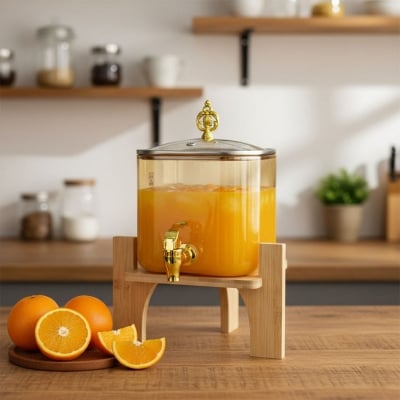Picture of High Borosilicate Glass Juice Dispenser with Wooden Stand – 1 Pc 3 Liter Capacity - Clear
