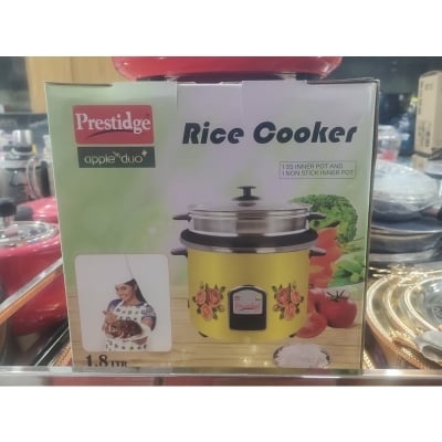 Picture of Prestige 1.8-liter automatic electric rice cooker with a double pot (one stainless steel and one non-stick). Key features include: - Red